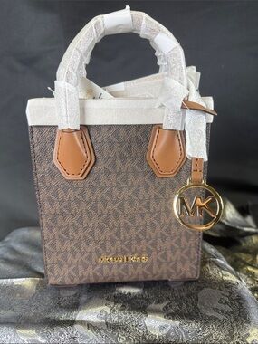 Michael Kors Brown and Tan Mini Signature Tote with Gold MK Charm